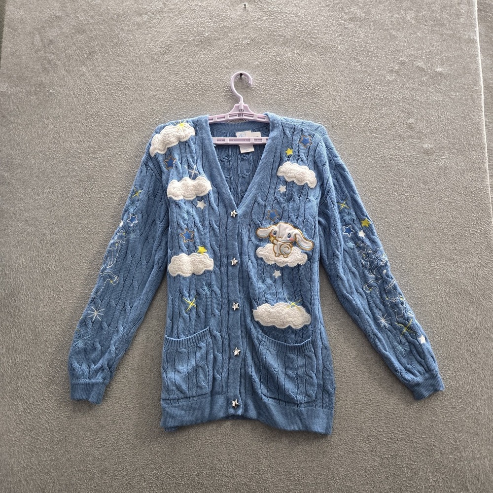 Hello Kitty Women Cardigan S Blue Embroidered Cinnamoroll Clouds Cable Knit